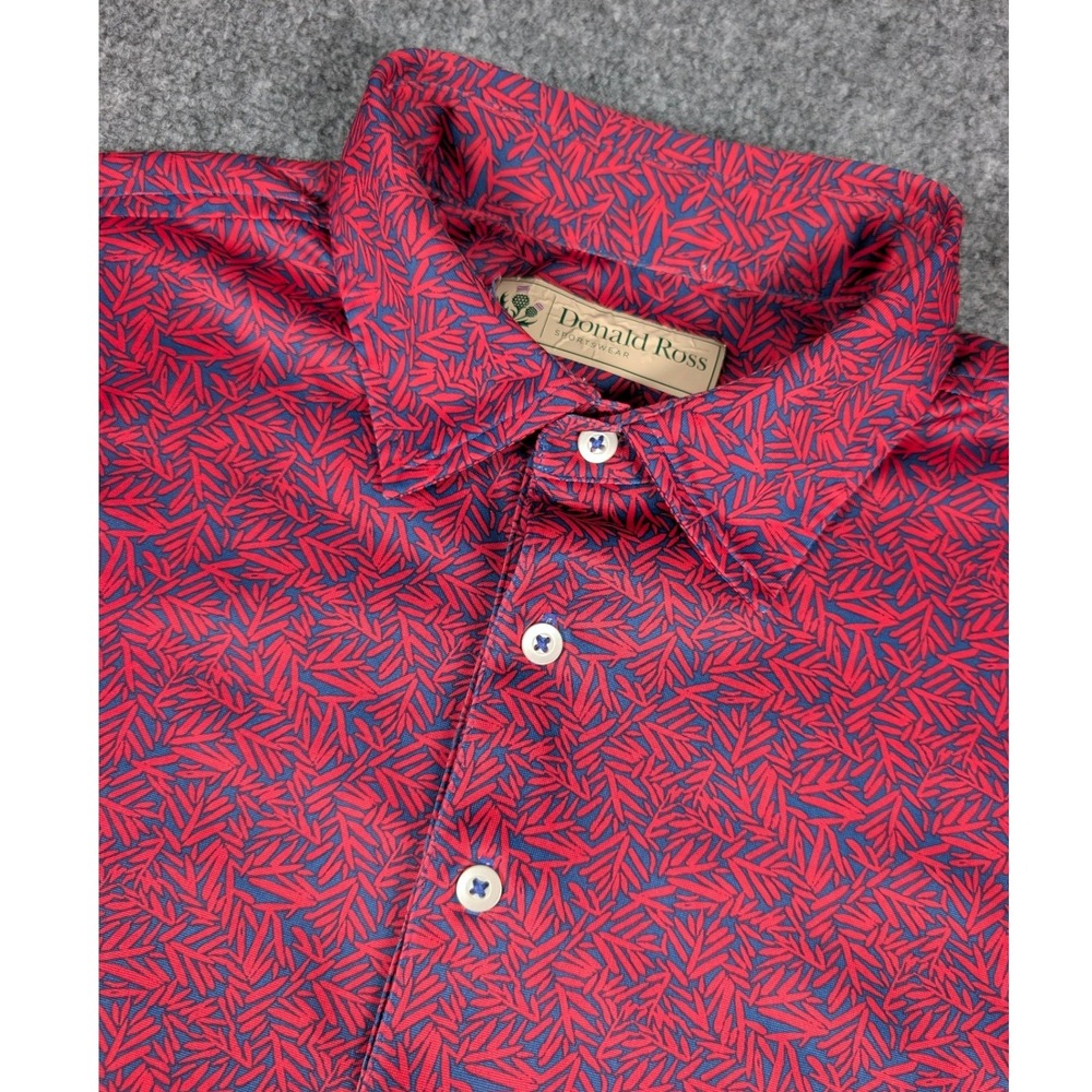 Donald Ross Polo Shirt Mens L Red Blue Leaf Print Performance Golf w/Logo